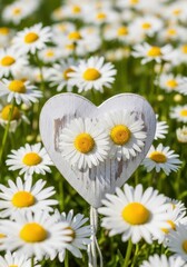 Obraz premium Daisy field with wooden heart: a symbol of love and natural beauty
