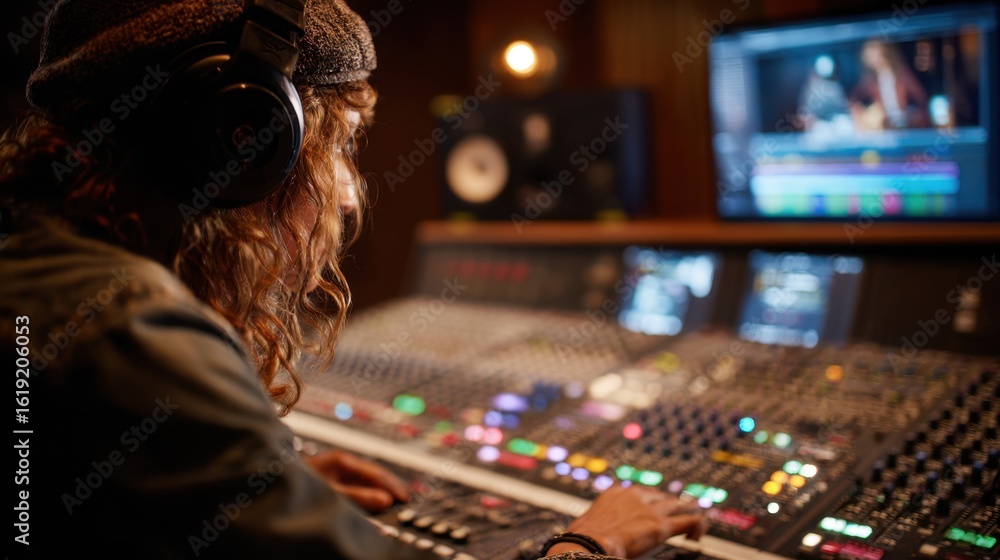 Poster audio engineer in a soundproof recording studio expertly balancing track levels on a digital mixer w