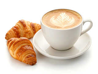 A cup of latte art with croissants on a white surface perfect for a morning breakfast scene setup