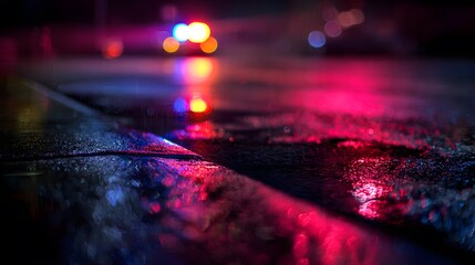 Police lights reflecting on wet pavement at night, creating a vivid urban atmosphere.