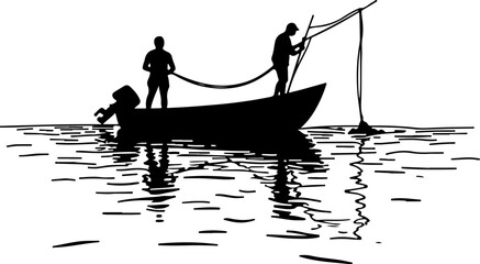 Naklejka premium silhouette of a fisherman with fishing boat, sunset, boat, water, fishing, sea, fisherman, lake, silhouette, river, nature, sun, sunrise, beach, fish, landscape, sky, sport, kayak, people, ocean, refl