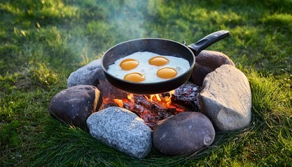 skillet with eggs over open flames natural stone circle and green meadow grass completing the campsite atmosphere
