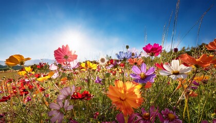 colorful wildflowers bloom under dappled sunlight in a tranquil forest during early morning hours