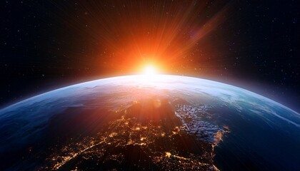 Obraz premium stunning cosmic sunrise illuminating the curvature of earth with radiant light beams piercing the darkness