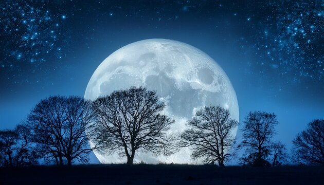 majestic full moon illuminating snow capped mountains under starry night sky