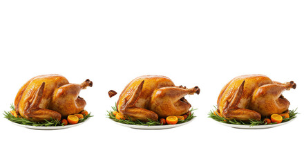 Three roasted turkeys on plates isolated PNG with Transparent Background