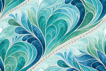 Watercolor pattern with flowing blue and green waves
