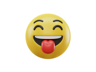 Fototapeta premium Joyful 3d yellow emoji face with eyes closed and tongue out isolated on transparent background
