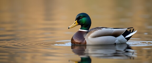 Stunning mallard duck glides gracefully on calm water creating gentle ripples, natural beauty.