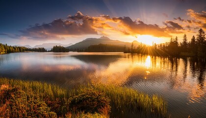 Fototapeta premium golden hour sunset over tranquil lake captivating nature landscape serene environment peaceful viewpoint vibrant colors for relaxation