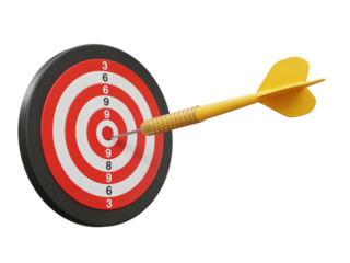 Yellow dart hitting the bullseye on a red and white circular target board isolated on transparent background