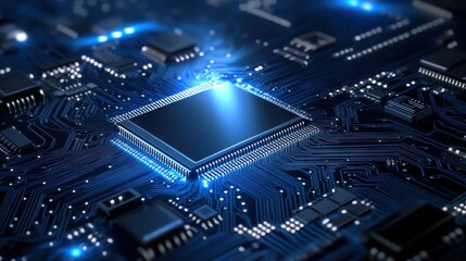 Obraz premium Close-up View of Modern Microchip with Circuit Board Background