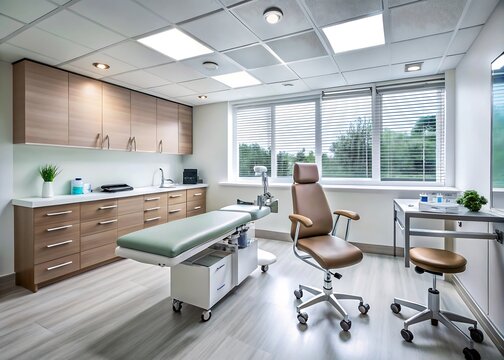 Modern medical examination room with patient bed and doctor s chair