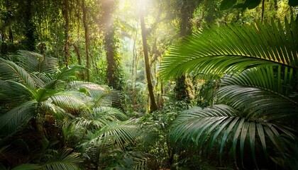 a lush dense jungle with sunlight filtering through the green leaves