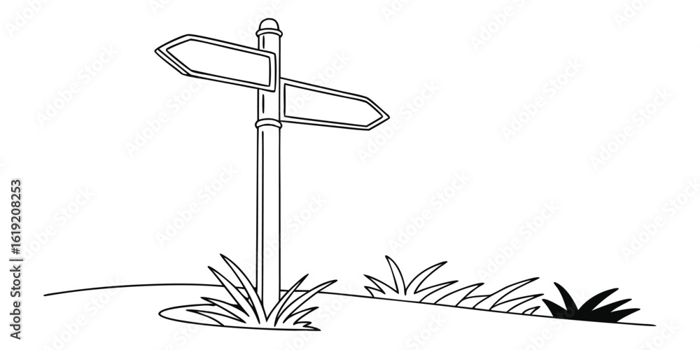 Poster minimalist continuous line art drawing of a fingerpost indicating directions presented in a clean mo