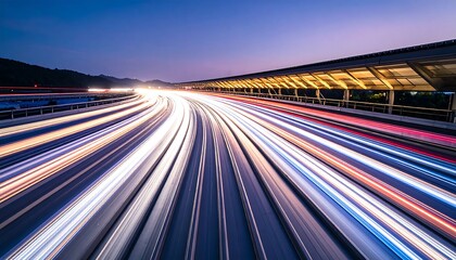 Abstract freeway trails illuminating urban horizon, dynamic long exposure, energetic cityscape at