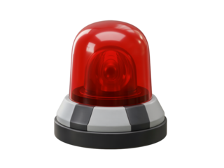 Bright red rotating warning beacon light with silver and black base isolated on transparent background
