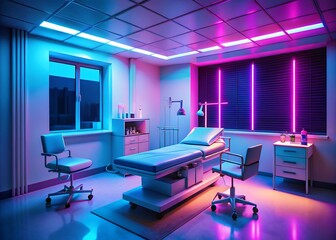 Futuristic medical examination room with neon lighting and modern equipment