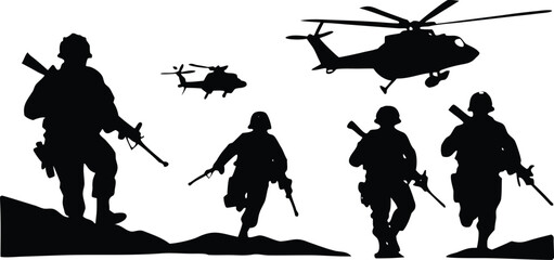 Army soldiers helicopter silhouette vector clipart military aviation aircraft combat design