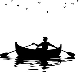 Naklejka premium silhouette of a man in a boat, boat, sunset, water, fishing, lake, sea, fisherman, river, silhouette, beach, sunrise, sky, people, landscape, nature, sun, ocean, fish, reflection, canoe, evening, kaya