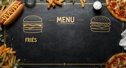 Fast Food Menu Background with Burgers Fries and Pizza