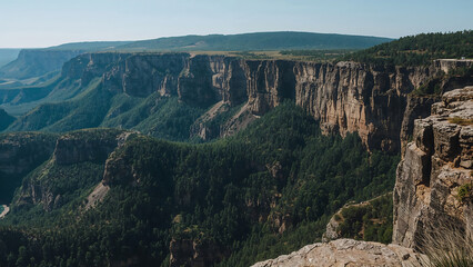 Fototapeta premium Vast Canyon Landscape Rugged Cliffs Forested Hills Majestic Vista