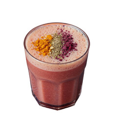 Nutritious smoothie with colorful toppings in glass isolated PNG with Transparent Background