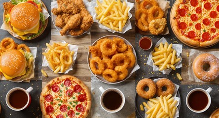 Flat Lay of Fast Food Variety with Coffee