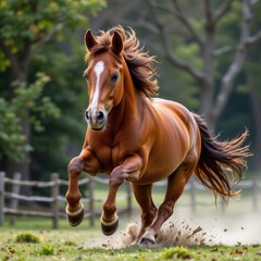 Obraz premium Energetic Horse Galloping Freely in Lush Green Countryside Setting