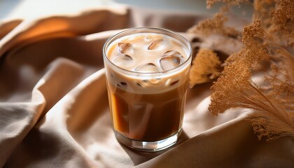 a glass of frothy iced coffee sits on a soft fabric alongside dried flowers in warm natural light