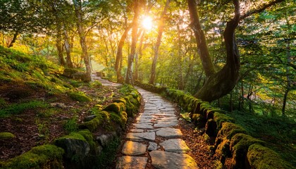 a stone pathway winds through a vibrant green forest bathed in warm sunset light inviting exploration and evoking feelings of adventure and peace in nature