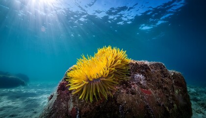 vibrant yellow sea anemone attached to a rock in clear turquoise water with sunlight filtering through the surface