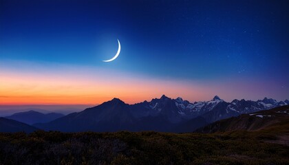 tranquil night landscape with crescent moon and vibrant twilight over mountains
