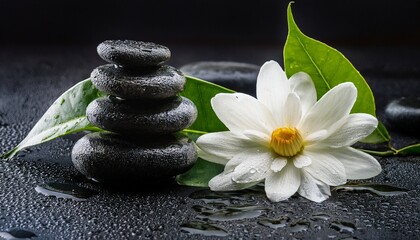 the composition consists of zen stones a white flower and a leaf all situated on a background that is wet