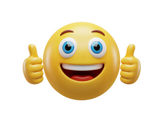Happy yellow emoji character with big smile and thumbs up gesture isolated on transparent background