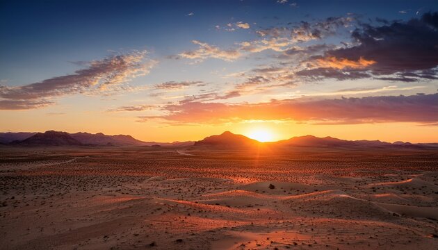serene sunset over desert plains serene sunset landscape at dusk with mountain range and cloudy sky