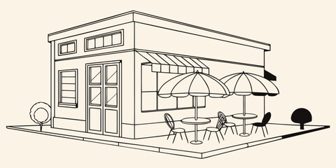 Fototapeta premium Charming hand drawn sketch of a cafe with inviting outdoor seating perfect for casual dining and relaxed ambiance