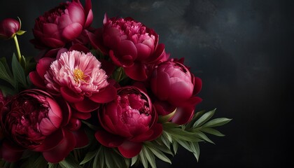 rich burgundy peonies in fine art style against dark background