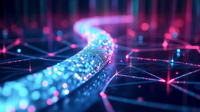 Vibrant digital pathway illuminated by colorful lights and connections, representing data flow and technology