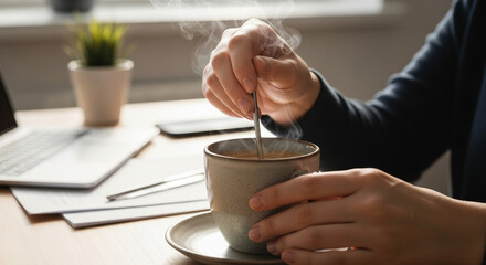Woman's hands stirring steaming hot beverage in a grey mug at a desk.
