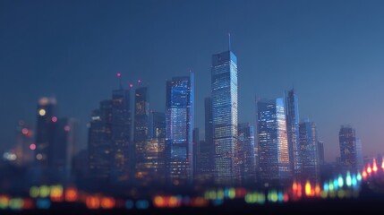 Obraz premium Cityscape at Dusk: A mesmerizing cityscape glows with a multitude of lights as dusk settles in, the scene creates a feeling of modernity and urban life.