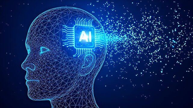 The Genesis of AI Thought: A Digital Wireframe Head with a Glowing AI Core Generating a Stream of Data Particles