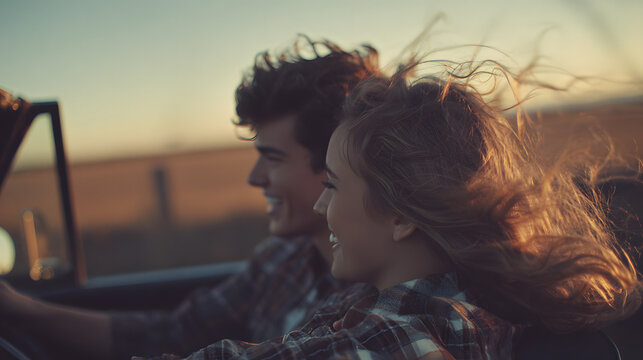 Romantic couple enjoying a vintage convertible ride with wind-blown hair during golden hour.