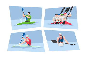 Man kayak athlete character set. Kayak sprint, water sport, race. Flat vector cartoon illustration.