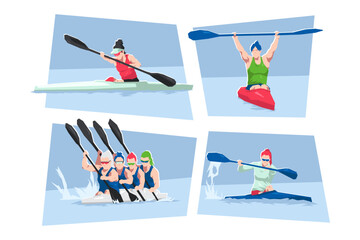 Woman kayak athlete character set. Kayak sprint, water sport, race. Flat vector cartoon illustration.