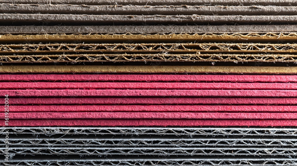 Poster close-up view of stacked corrugated cardboard sheets.