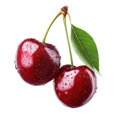 Close-up of two fresh cherries with leaves