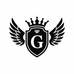 Fototapeta premium Black and white heraldic emblem with wings crown diamond and letter G vector