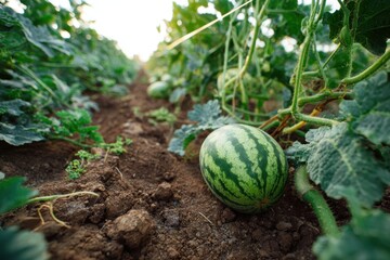 Lush watermelon growing amidst green vines in a vibrant agricultural field at sunset