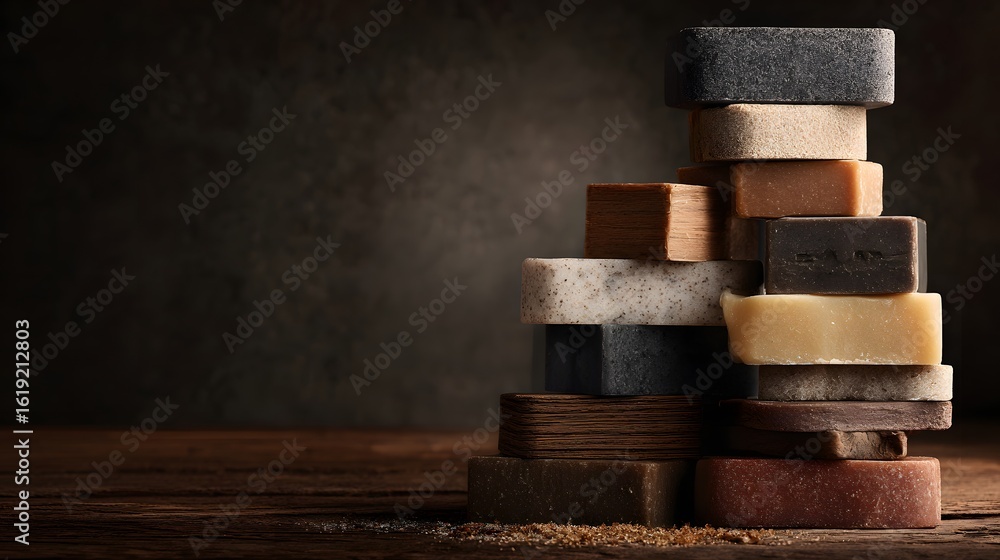 Poster stacked artisanal soaps in various colors and textures.